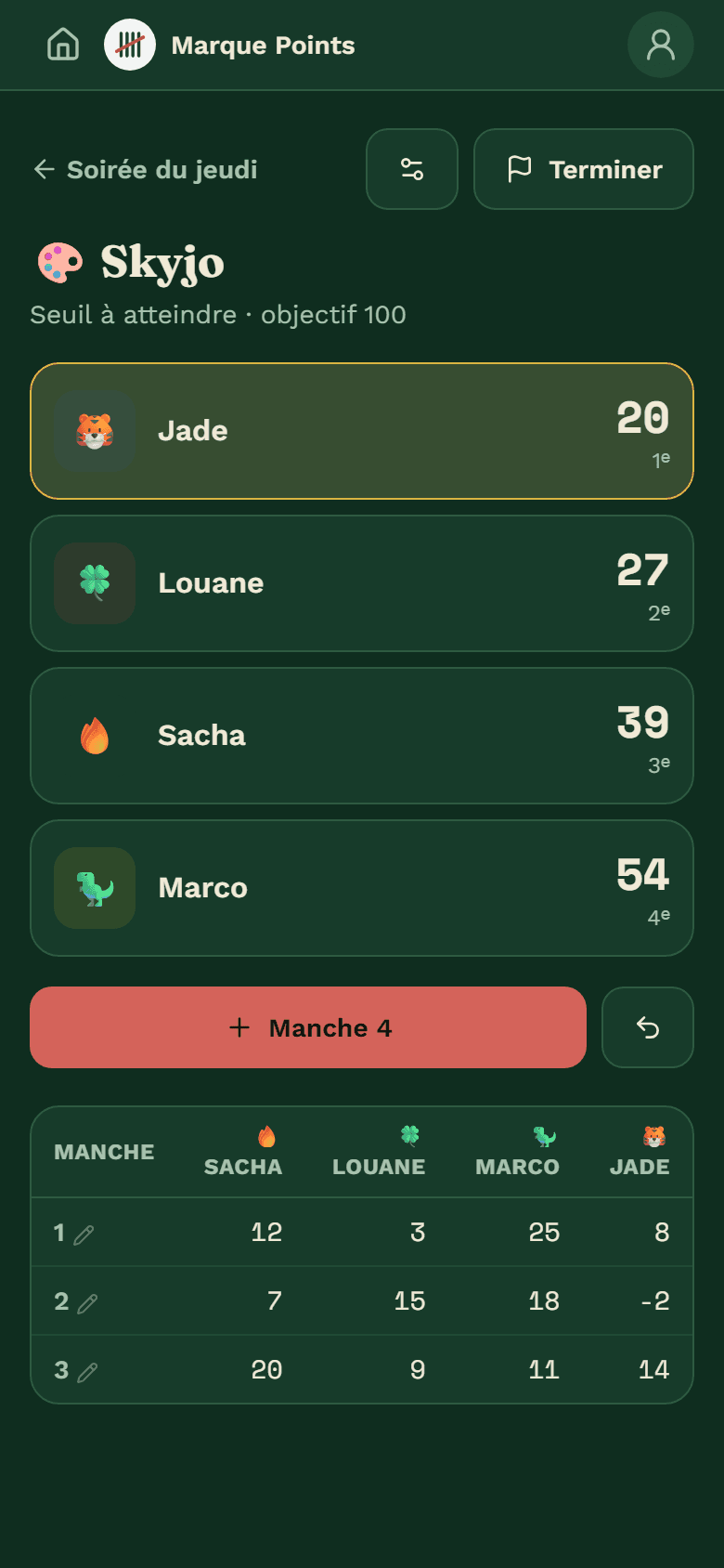 Une partie en cours dans Marque Points — capture réelle de l'application, données fictives de démonstration