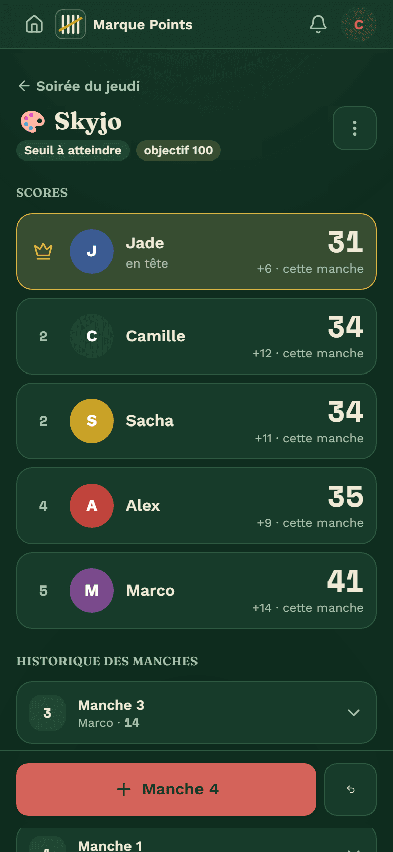Une partie en cours dans Marque Points — capture réelle de l'application, données fictives de démonstration