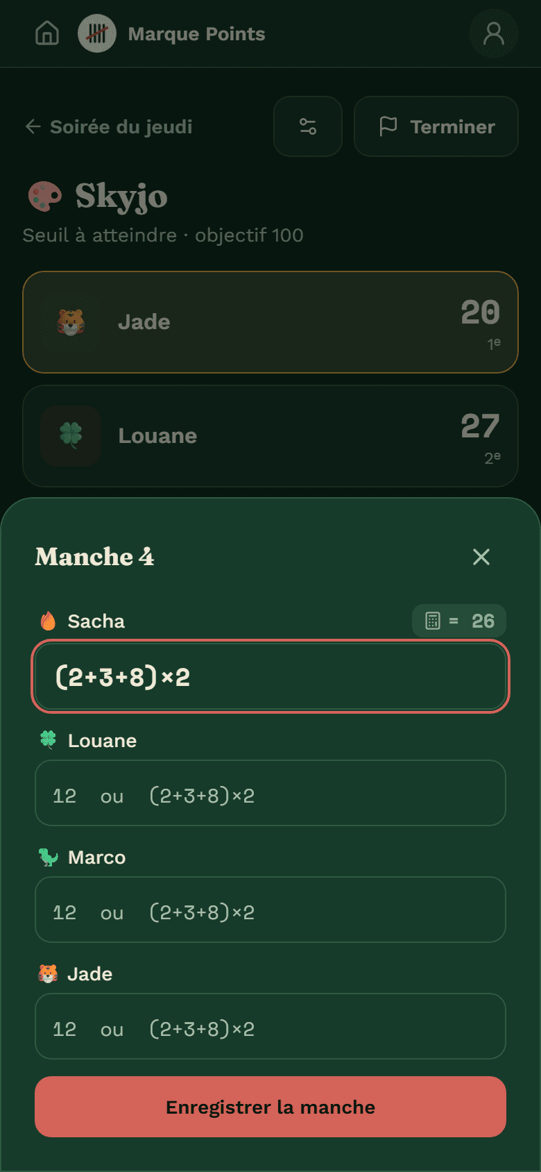 La saisie des scores d'une manche dans Marque Points — capture réelle de l'application, données fictives de démonstration